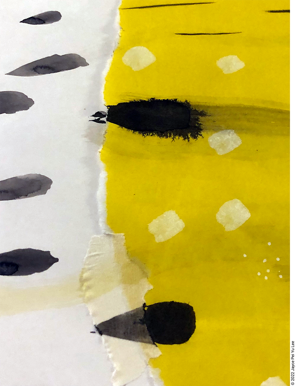 An excerpt of a drawing by Jayce Pei Yu Lee, on ripped paper with tape, using brush and inks to create a movement of phase shift from left to right, with dots that travel from a white to yellow background.