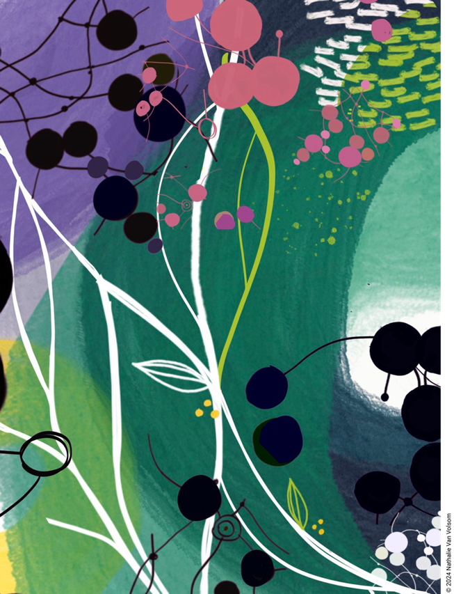 © Nathalie Van Volson 2024. Digital drawing of leaves, pods and branches against abstract background of color wash, in green, purple, pink, black and white