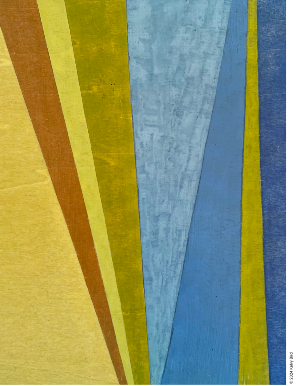 Kelvy Bird, detail from Rise 002, gouache and beeswax on wood, 2024. This image features abstract triangular stripes in a vertical direction, in shades of soft yellow-green, bright and navy blue, and rust.