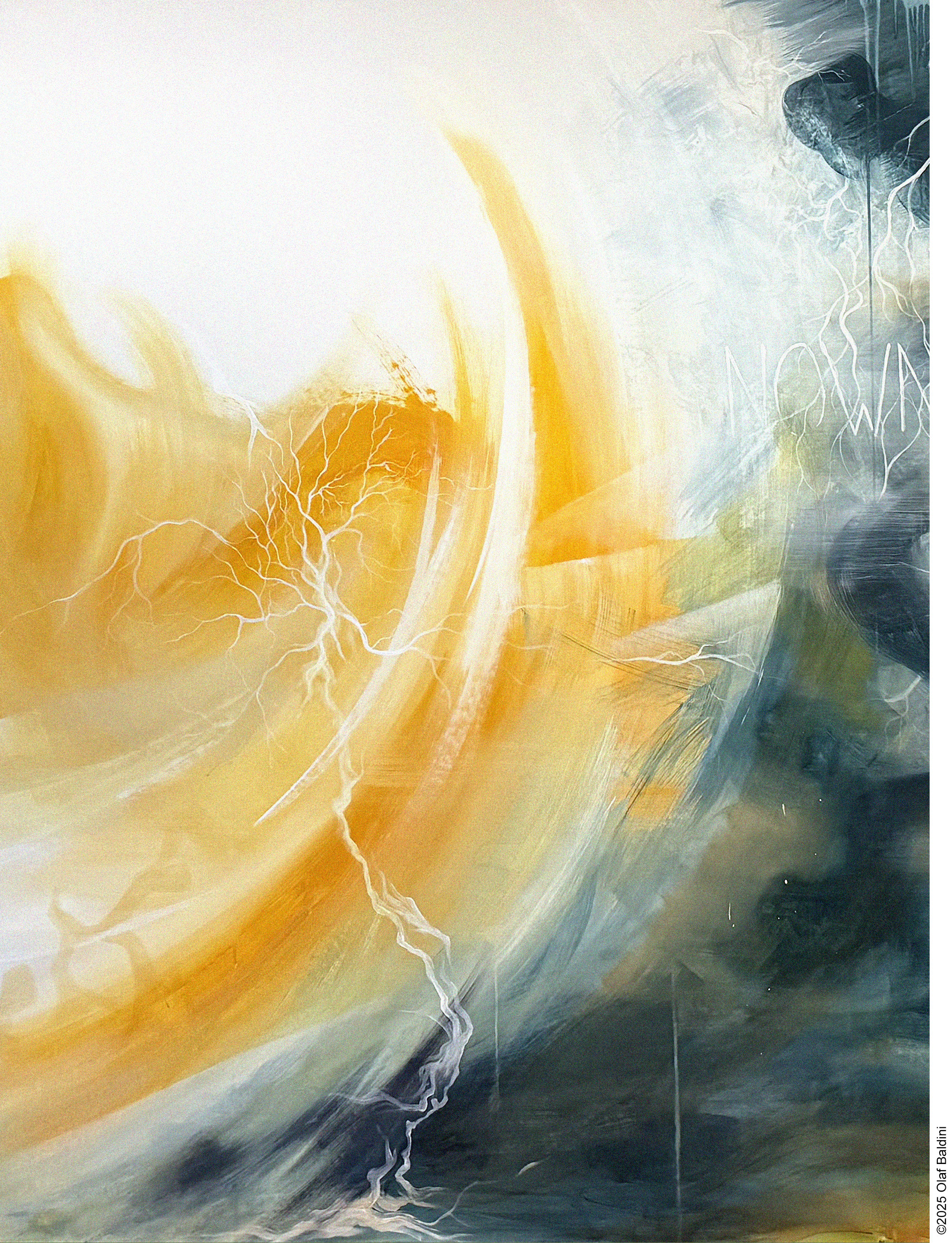 Olaf Baldini, detail from scribing during a 3-day Social Presencing Theater Basic program, gouache and marker-ink on linen, 2025. This painting features abstract shapes in blue, grey and yellow that partially fade into or are being overlaid by white.The following words lightly merge into or emerge out of the background: Behold, Pause, Being, Nowness.